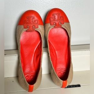 Tory Burch flats. Orange with tweed type material. Size 8. Used good condition